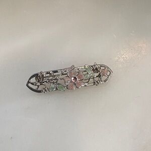 Floral Silver Brooch with Pink and Green Accents